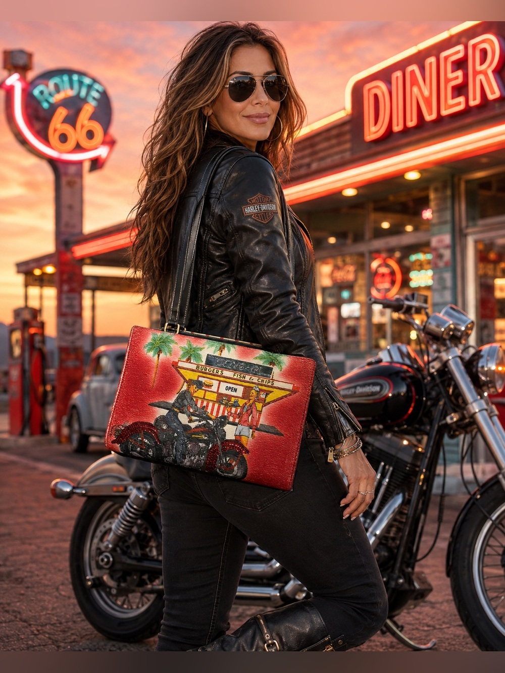 Source Unknown Furry Red Retro Vintage Route 66 Print shoulder bag